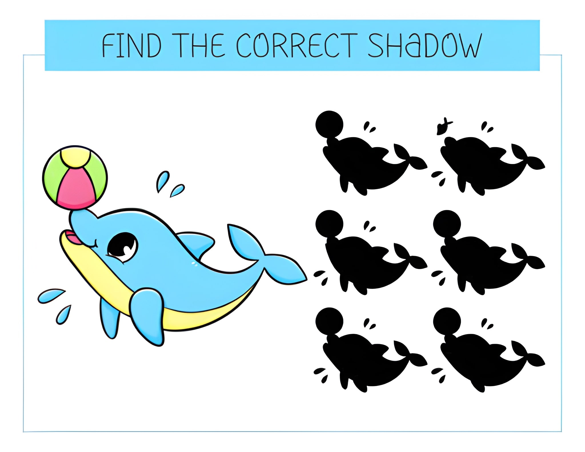 رسم توضيحي لدولفين يلعب بالكرة لتحدي إيجاد الظل.