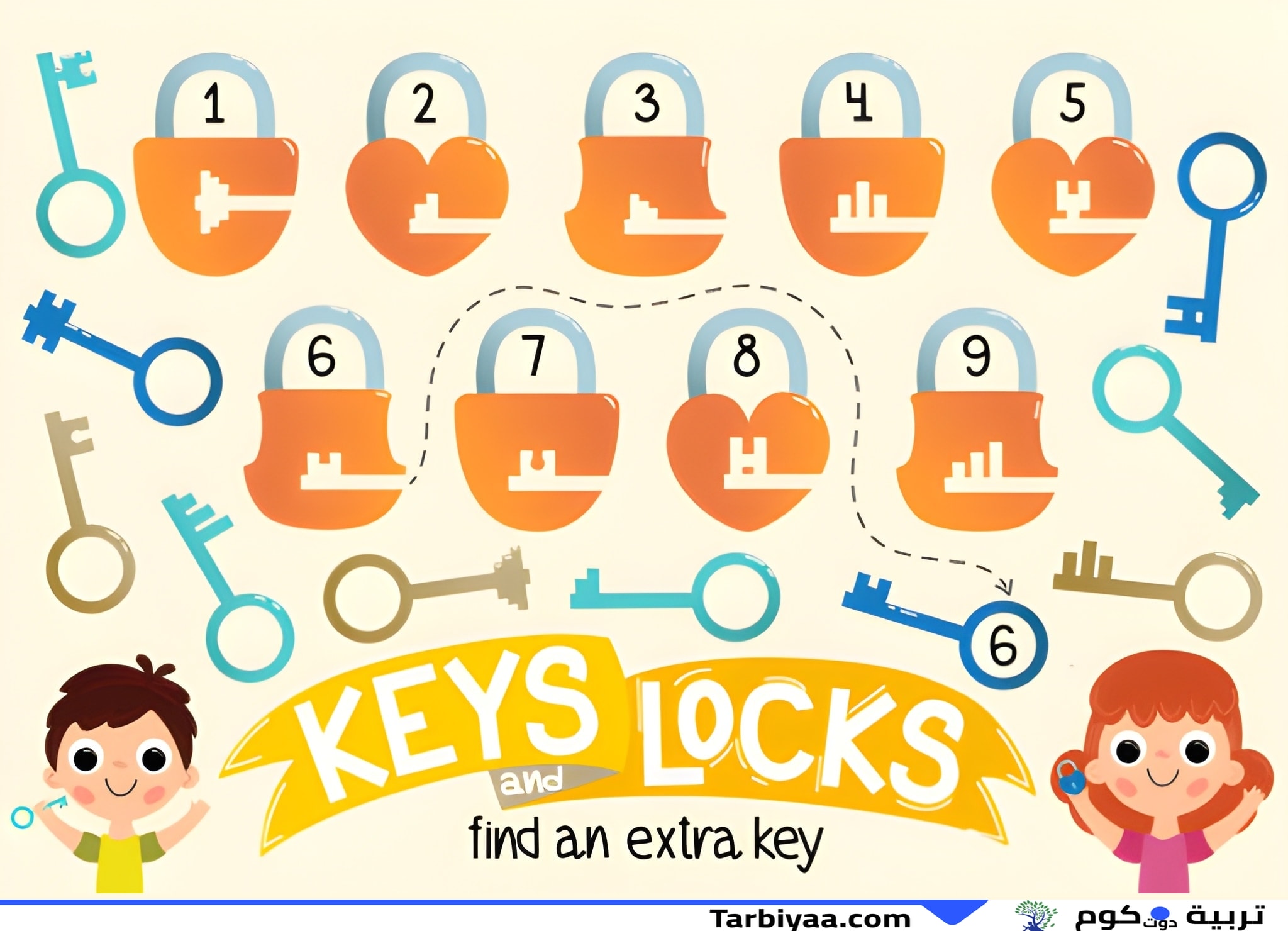 رسم توضيحي لأقفال ومفاتيح ملونة لحل لغز مطابقة المفتاح الصحيح.