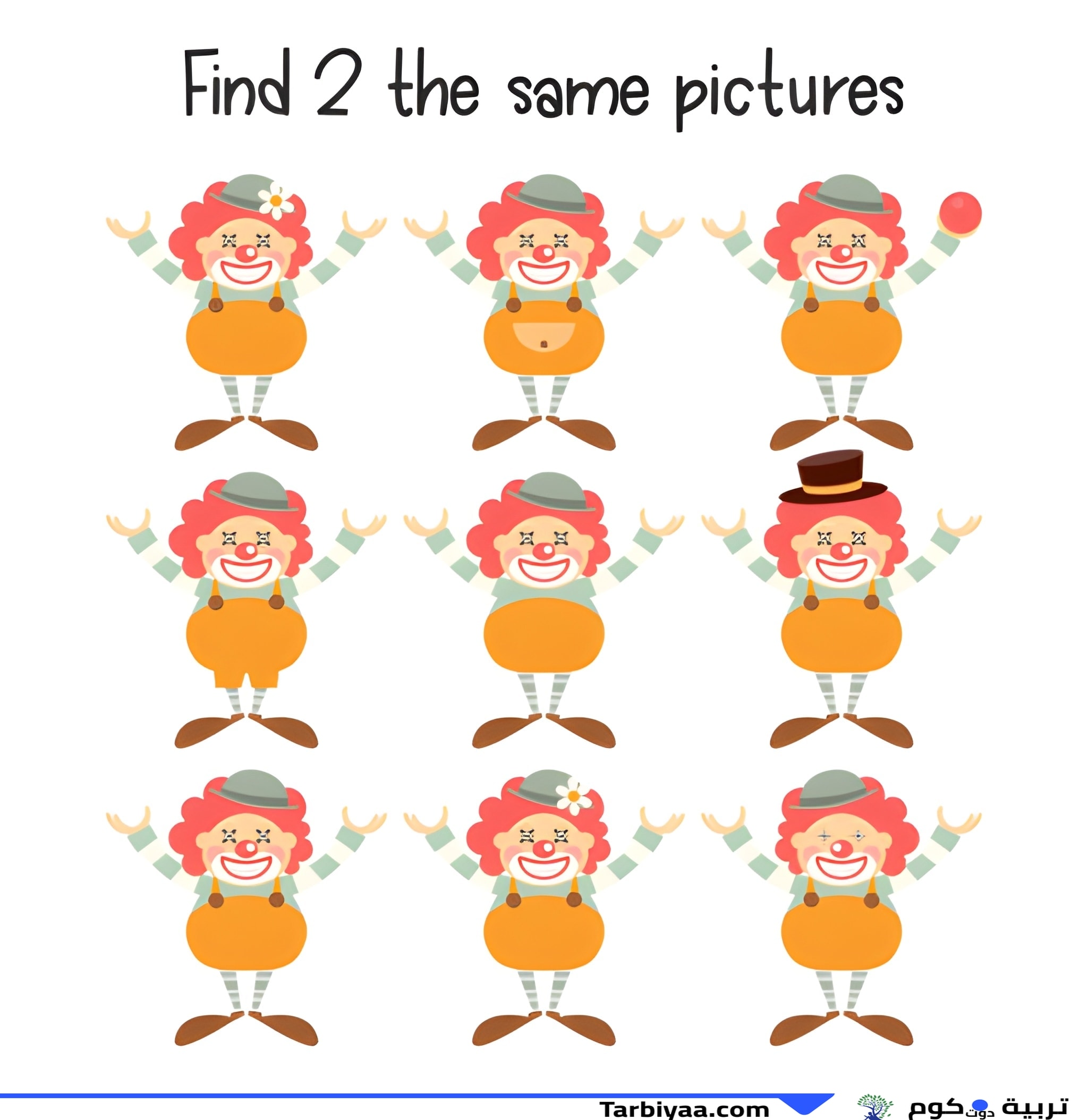 رسم توضيحي لتسعة مهرجين لتحدي إيجاد الصور المتشابهة.