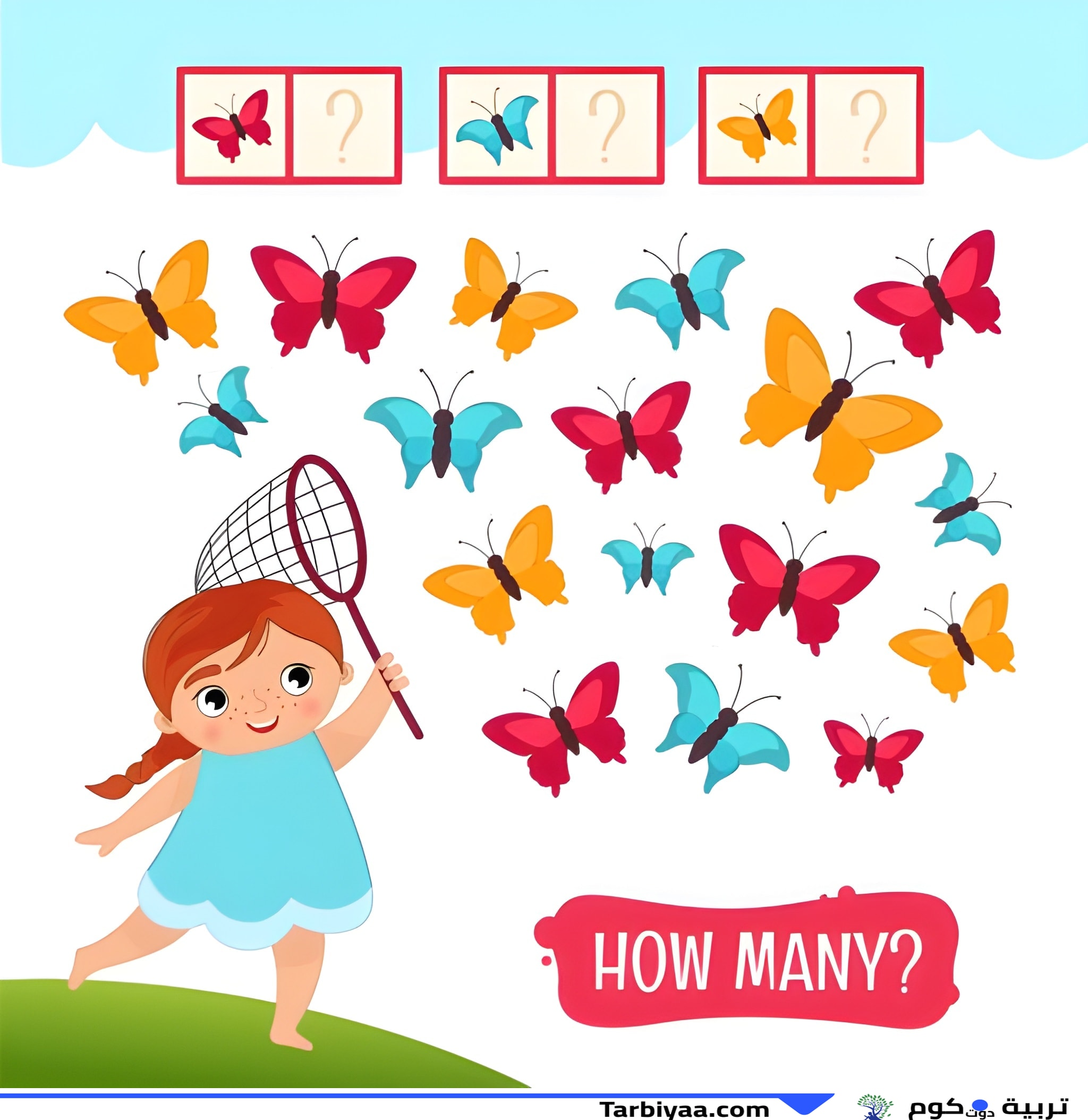 رسم توضيحي لطفلة وفراشات ملونة في لغز لتعليم العد.