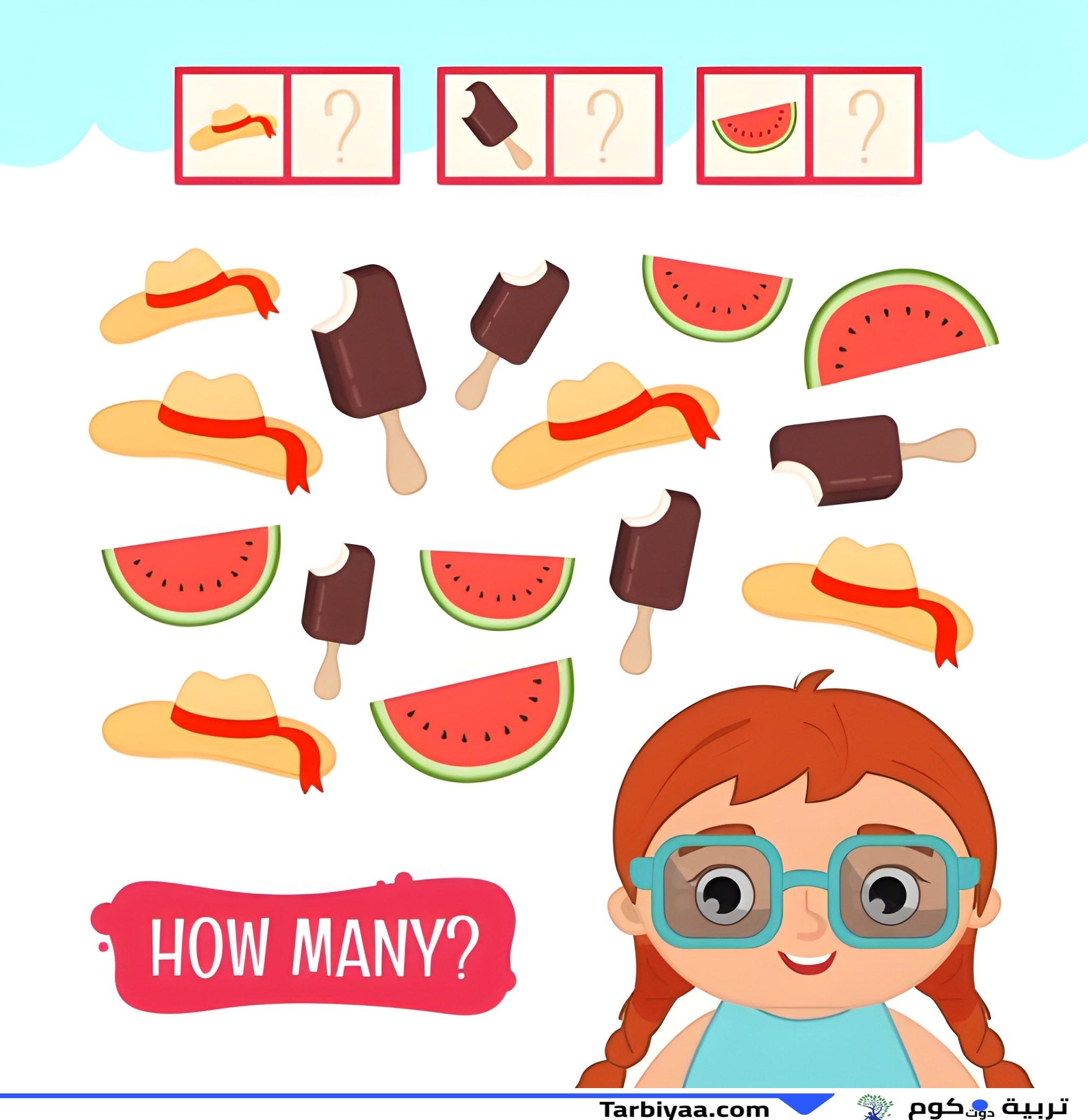 رسم توضيحي لعناصر صيفية مع قبعات وآيس كريم للغز عد.